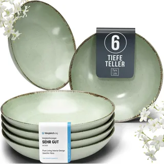 Steingut Suppenteller 6 Personen Rustic TESTSIEGER, Hochwertiges Landhaussttil Steingut Tiefe Teller Set, Pasta Teller Tief Groß - Pure Living in Mintgrün