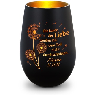 GRAVURZEILE Deko Windlicht aus Glas mit Gravur - Pusteblumen - Personalisiert mit Namen & Datum - Trauerlicht für Teelichter und Kerzen - Grabschmuck zur Beerdigung oder als Andenken - Schwarz/Gold