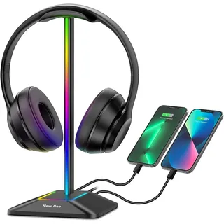 New Bee RGB Headset Halterung für alle Kopfhörer, 7 Leuchtmodi, Schwarz | Kopfhörerständer Universal mit USB Typ-C Ladegeräten und Datenübertragung Gaming Headset Ständer für alle Kopfhörer