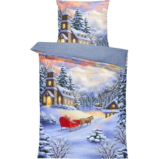 4 teilig Flausch Bettwäsche 135x200cm Winterdorf Schnee blau Winter Thermofleece - Blau