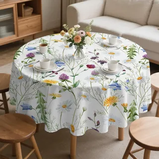 Wildblumenmuster Tischdecke Rund 180 cm Abwaschbar, Wetterfest mit Lotuseffekt, Gartentischdecke, Gänseblümchen Tischtuch für Balkon, Garten, Terrasse, Küche, Party Deko A-54