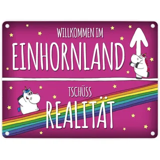 Honeycorns Metallschild mit Einhorn Stadtschild Motiv und Spruch: Willkommen im Einhornland Aluminiumschild Blechschild Werbeschild Türschild Warnschild Stadt Einhornland Realität Willkommen Unicorn