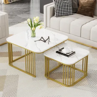 Merax Quadratisch Couchtisch 2er Set, Moderne Wohnzimmertisch mit Marmor Furnier, Hochglanz Satztisch mit Stauraum, für Wohnzimmer, Balkon und Büro, Metallgestell, Weiß und Gold