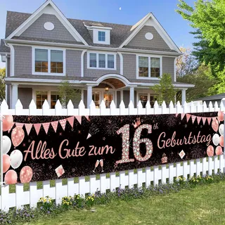 Deko 16. Geburtstag Banner Mädchen - Roségold Schwarz Alles Gute zum 16. Geburtstagsdeko Hintergrund, XXL Stoffbanner Party Dekoration zum 16 Jubiläum, 40 × 210 cm
