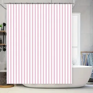 AJALGZ Geometrisch gestreifter Duschvorhang: Rosa-weiße vertikale Streifen, wasserdichte Badezimmerdekoration für den Badebereich zu Hause (80 x 190 cm/schimmelresistent)