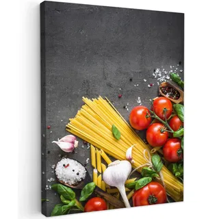 MuchoWow© Wandbilder Schlafzimmer Home Deko Wohnung Bild Wohnzimmer | 60x80 cm - Fotoleinwand Wand Bilder Leinwand Wall Decor Küchen - Nudeln - Kräuter - Tomaten - Gewürze - Rustikal