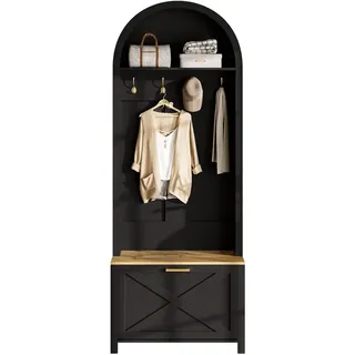 OKWISH Multifunktionaler Garderobenschrank mit Schuhablage, Haken und Ablagefläche, 75x35x195 cm, Holzfarbe + Schwarz