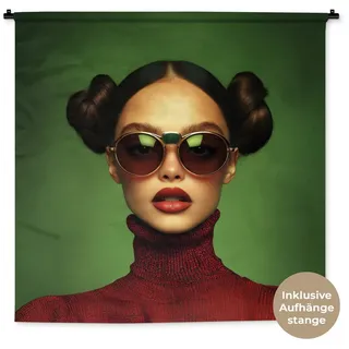 MuchoWow Wandteppich Frau - Grün - Brille - Ästhetisch - Modern, Quadratisch, Höhe: 3 mm, Wand Teppich Wohnzimmer, Schlafzimmer, 150x150 cm grün Quadratisch | 150 cm x 150 cm x 3 mm