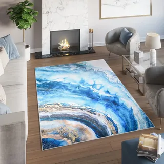 TAPISO Toscana Teppich Bedruckt Blau Gold Abstrakt Marmor 160 x 230 cm | 100% Polyester, 6 mm Florhöhe, bedruckt