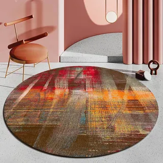 Rug-QJDDUP Rund Teppich Kurzflor,Brown,Round Diameter 120 cm, Braun-Orange-Rot-Mehrfarben-Modern-Abstrakt, Designer Teppiche fürs Wohnzimmer, Kinderzimmer, Schlafzimmer, Esszimmer,