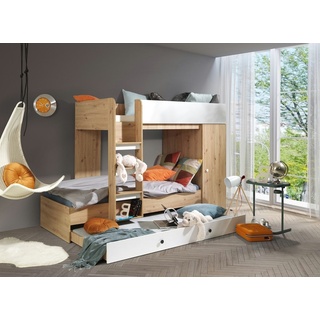 QMM TraumMöbel Hochbett Etagenbett "SAM 2" für 2-3 Kinder mit Schrank eiche (2-3 Liegeflächen mit Leiter & Schrank) weiß