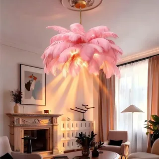 Feder-Kronleuchter, Rosa-Flauschiger Lampenschirm Modernes LED-Pendelleuchte 6-Lichter 4500K, Naturel Feder-Deckenleuchte, für Wohnzimmer Schlafzimmer Kinderzimmer Home Creative Decor, φ-65cm
