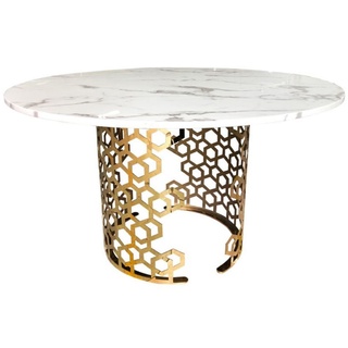 Casa Padrino Luxus Esstisch Weiß / Gold Ø 135 x H. 76 cm - Runder Esszimmer Tisch mit Kunstmarmor Tischplatte - Esszimmer Möbel - Luxus Möbel - Luxus Einrichtung