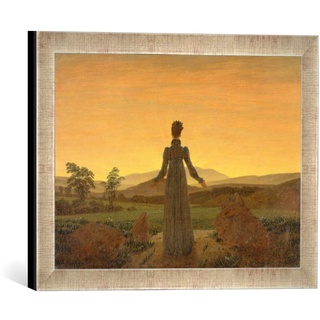 Gerahmtes Bild von Caspar David Friedrich Frau vor der untergehenden Sonne, Kunstdruck im hochwertigen handgefertigten Bilder-Rahmen, 40x30 cm, Silber Raya