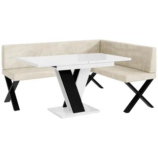 MEBLINI Eckbank für Esszimmer mit ausziehbarem Tisch - Küchenbank - Essecke - Sitzecke Küche - Toni - X-Beine 128x168x87cm Rechts - Creme Samt/M Weiß-Schwarz Hochgl.