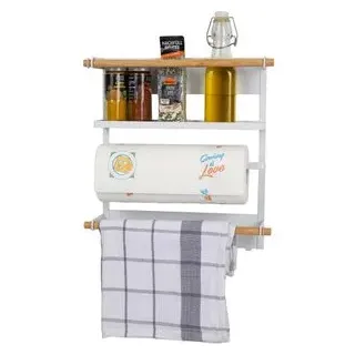 Böttcher-AG Küchenrollenhalter Metall / Holz, weiß / braun, Wandbefestigung ohne Bohren