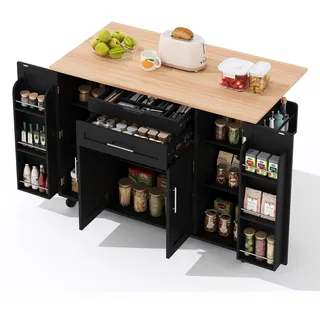 Küchenwagen mit Rollen Kücheninsel Freistehend mit Arbeitsplatte Klappbar, Mobiler Küchenschrank auf 5 Rollen für Küche/Esszimmer/Terrasse, 2 Schubladen, Großer Stauraum, 136x70x92cm(LxBxH), Schwarz