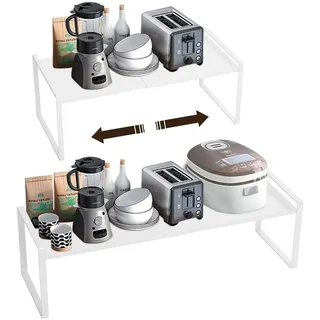 KZOBYD Erweiterbar Küchenregal, Faltbares Küchenschrank Regal Küchen Gewürzregal Organizer für Geschirr und Vorräte Stapelbarer Küchenablage Organizer für mehr Abstellfläche (Weiß, L)