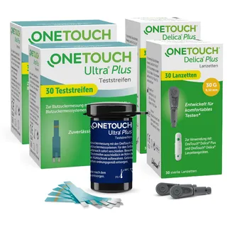 OneTouch Ultra Plus Kombi-Pack M für Blutzuckermessung |Teststreifen & Lanzetten für Diabetes (Zucker-Krankheit)| 60 Tests | 2 Packungen Teststreifen, je 30 Stück I 2 Packungen Lanzetten, je 30 Stück