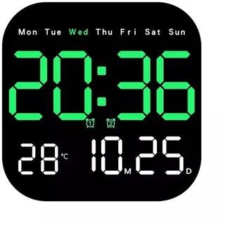 Große digitale LED-Wanduhr mit Fernbedienung, Anzeige von Temperatur, Datum, Woche, Countdown-Timer und Helligkeitsregelung (grün)