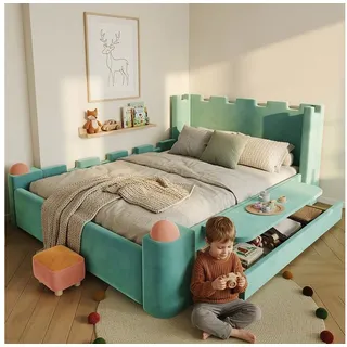 Odikalo Polsterbett Kinderbett mit klappbarer Seitenablage Schublade Ohne Matratze (Kinder Polsterbett Doppelbett mit Stauraum Schublade, Burg-Deisign, Weiche Antikonllisions-Katen, Französischer Samt, Blaugrün, 140x200cm) blau|grün