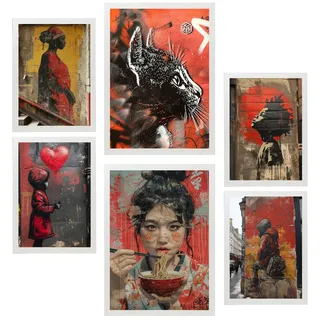 POSTER Set Mit 6 Straßenkunst Roter Schwarzer & Gelber Graffiti Banksy A3 & A4 Weißer Rahmen