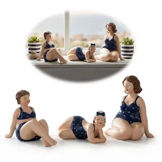 LS-LebenStil Dekofigur Set 3x Badenixe Figur Molly Maritim Blau Weiß Badefiguren (1 St., Maritime Stranddamen, Die Molly ́s sind wahre Eyecatcher), 3-fach mollige Rubensfrauen im Retro Badeanzug, Deko im Badezimmer blau