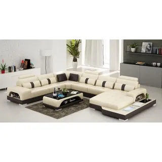 Xlmoebel Wohnlandschaft Leder U-Form Sofa mit LED-Beleuchtung und USB-Anschlüssen, Ecksofa, Hergestellt in Europa beige
