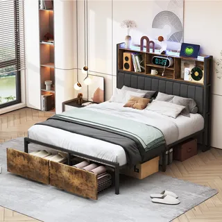 Bett 160x200 Cm Mit Schubladen, Led Und Usb/type-c - Doppelbett Im Industrial Design Mit Stauraum-kopfteil - Holz/metall - Schwarz
