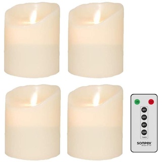 SOMPEX LED-Kerze 4er Set Flame LED Kerzen elfenbein 10cm (Set, 5-tlg., 4 Kerzen, Höhe 10cm, Durchmesser 8cm, 1 Fernbedienung), mit Timer, Echtwachs, täuschend echtes Kerzenlicht gelb