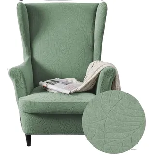 Highdi 2-Teilig Ohrensessel Überzug, Sessel-Überwürfe Ohrensessel Pflanzen Jacquard Einfarbig Schonbezüge Bezug Sesselhusse Strandmon Tiger Stuhlbezug mit Armlehne Hohe Rückenlehne (Matcha Grün)