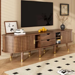 BTM TV-Schrank 175 cm mit Rattan-Schiebetür, Walnussoptik & viel Stauraum – Landhausstil Fernsehtisch aus MDF mit offenen Fächern, Schubladen & Schrank – natürliches Design