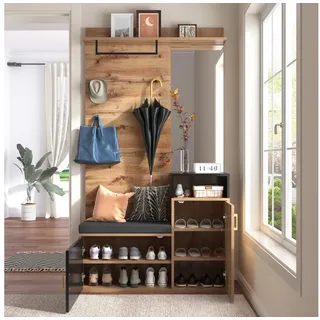 Celya Garderoben-Set Garderoben-Set,mit 4 Kleiderhaken, Spiegel, Schuhschrank, Wandgarderobe, oberes Ablagefach, Flurgarderobe Sitzbank schwarz