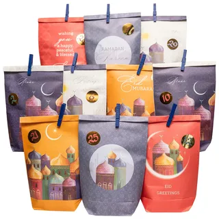 Papierdrachen DIY Ramadan Kalender zum Befüllen - für Kinder und Erwachsene - Bedruckte Kraftpapiertüten in Colorful - zum Aufstellen und Dekorieren - Eid Mubarak - wiederverwendbar - Set 7