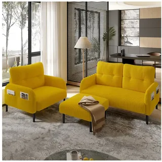 HAUSS SPOLE Schlafsofa Cord 3er-Set Relaxsessel Wohnzimmersofa 2-Sitzer Sofa mit Hocker