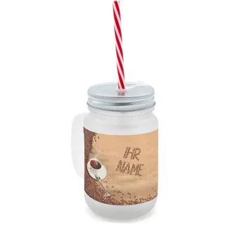 printplanet® - Trinkglas mit Henkel und Strohhalm - personalisiert mit Namen - Motiv Kaffeebohnen - Henkel-Glas satiniert mit Deckel und Mehrweg-Trinkhalm