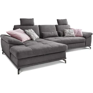 Cavadore L-Form-Sofa Castiel mit Federkern / Großes Schlafsofa in L-Form mit Bettkasten, Sitztiefenverstellung, Kopfstützen und XL-Longchair / 312 x 114 x 173 / Webstoff, Grau