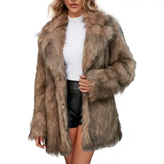 Kunstpelz Jacke Damen Braun: Übergangsjacke Damen Herbst Lang Felljacke Langarm Vintage Cardigan Elegant Damen-Jacken Lange Kunstfell Jacke Pelz-Mantel Warm Faux Fur Jacke Warm Winterjacke/Pelzmantel - Large