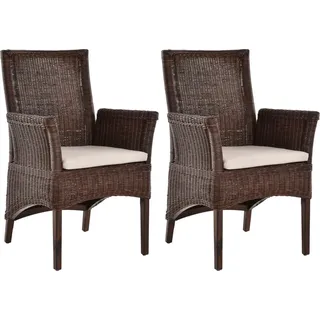 Krines Home Esszimmerstuhl 2er Set Esszimmerstuhl Rattanstuhl mit Armlehne Esszimmer Stühle Holz (2 St), aus Rattan Naturmaterial, mit Armlehnen braun