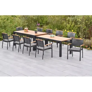 Merxx Gartenmöbel Set Tinos 21tlg., 10 Stapelsessel inkl. Kissen, Flex Ausziehtisch 180 (180) x 100 (83) x 80 (74) cm- Aluminium/Akazie - Grau