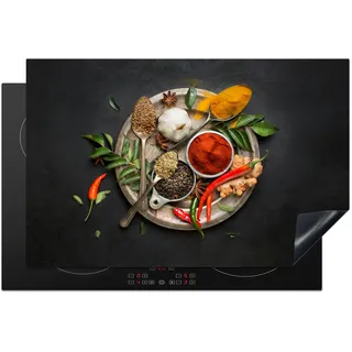 KitchenYeah© Herdabdeckplatte Einteilig Küche Glaskeramikkochfeld Abdeckplatte Glaskeramikkochfeld Abdeckung Induktionskochfeld Schutzmatte Gewürze - Paprika - Löffel - Kräuter - Gemüse - 81x52 cm