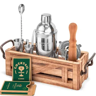 Mixology Barkeeper-Set mit Holzständer, tolles Einweihungsgeschenk, 12-teiliges Bar-Werkzeug-Set mit Cocktail-Kit-Karten – Premium-Barkeeper-Set für EIN lustiges Bar-Set – Cocktail-Shaker-Set aus
