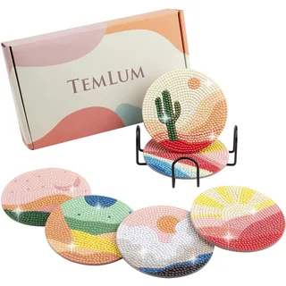 Temlum Diamond Painting Untersetzer mit Halter, 6er Set Diamond Painting für Erwachsene und Anfänger DIY Untersetzer Diamant Malerei Set Basteln Erwachsene(Abstrakte Landschaft)