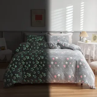 Freyamy Flanell Bettwäsche 135x200cm 2teilig Rosa Grau Sterne Leuchtend im Dunkeln Kinder Winterbettwäsche Samt Biber Cashmere Touch Flauschige Bettbezug mit Reißverschluss und 1 Kissenbezug 80x80cm