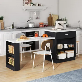 ModernLuxe Kücheninsel mit Ausziehbarem Esstisch & Steckdose, Küchentisch für 4–6 Personen, Küchenwagen mit Stauraum, 2 Schubladen & Regalen, Rollbarer Küchenschrank mit Arbeitsplatte