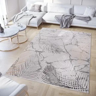 TAPISO Crystal Teppich Kurzflor Glänzend Dunkelgrau Gold Weiß Palmenblätter Feder 3D Effekt Wohnzimmer Schlafzimmer Modern Design ÖKO-TEX 200 x 300 cm