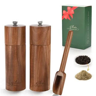 Oleio 2er Salz- und Pfeffermühlen-Set aus Akazienholz mit Keramikmahlwerk | 15 cm hohe Mühlen, Mahlgrad von fein bis grob stufenlos einstellbar, für Salz, Pfeffer und trockene Gewürze, mit Gewürzlöffel