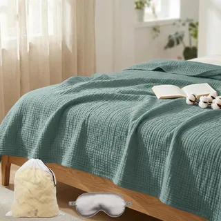 Liocwocne Sanfte Musselindecke 150x200 cm aus 100% Baumwolle, Leichte Musselin Decke Erwachsene für Sommer - Atmungsaktive Kuscheldecke & Tagesdecke für Sofa, Couch und Bett (Dunkelgrün,130×180 cm)