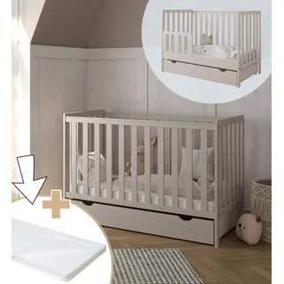 zee Bambi Kaschmir Babybett 120x60 cm 2in1 mit Matratze, Schublade & Schutzbarriere Klassisches Gitterbett 3-Fach Höhenverstellbar Kinderbett mit Beißschutz & zu Juniorbett umbaubar