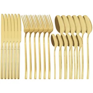 BSDLZCH Gold Edelstahl Besteck Set 24 Teile für 6 Personen, Schlanker Griff | Retro Hochglanzpoliert & Farbbeständig – Gabeln, Messer & Löffel, Spülmaschinenfest & Pflegeleicht, Tägliches Tafelbesteck
